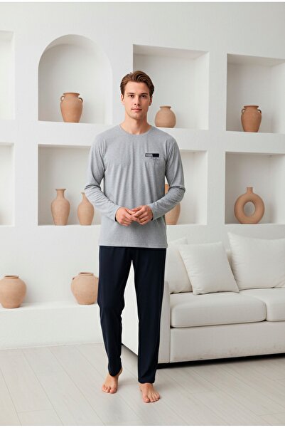 LİLA İÇ GİYİM Men's Long Sleeve Embroidered Knitted Pajama Set