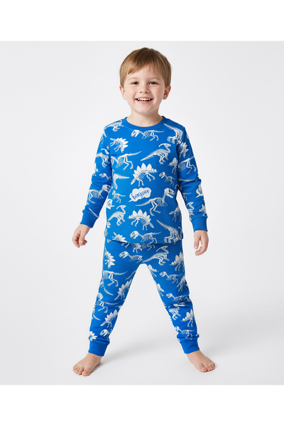 Bonfino طقم بيجاما مطبوع رسومات ديناصورات، مصنوع من القطن بنسبة 100% - أزرق