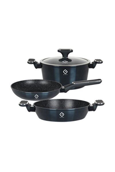 GRÜNBERG Set of 3 Aluminum Pots with Glass Lid, Blue, Compatible with Inducti...