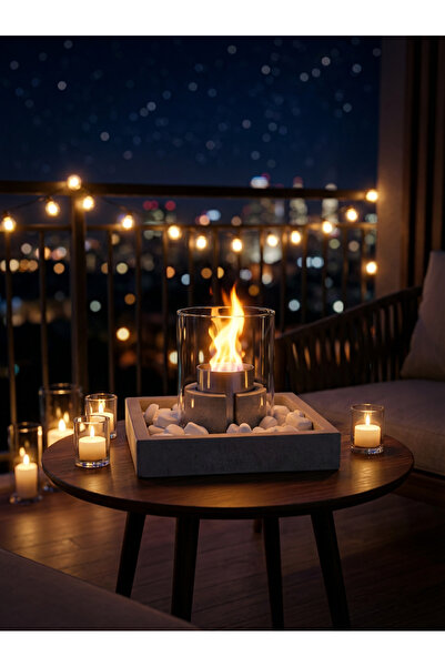 ZURİ DESİGN Beton Masaüstü Şömine – Dumansız Dekoratif Taşlı Biyoetanol Şömin...