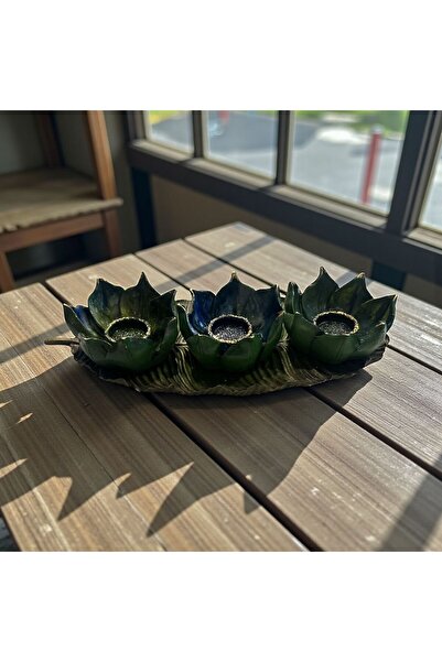 Peramari Dekoratif Polyester Anka Üçlü Mumluk Yeşil Mavi