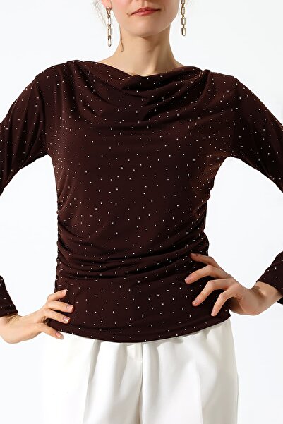 Sabr Stoned Sandy Degaje Collar Side Gathered Blouse – Long Sleeve Stylish Ca...