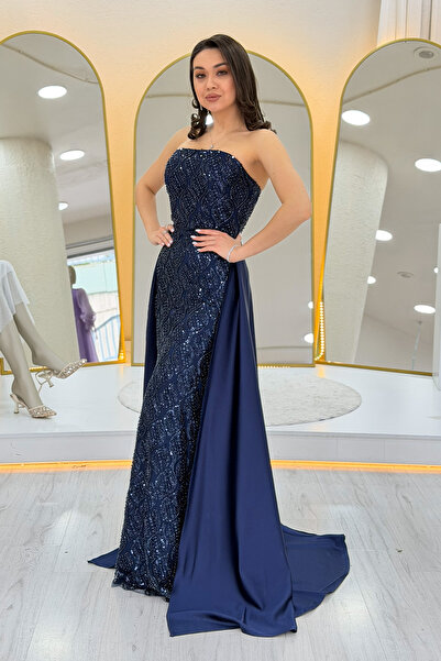 zks grup tekstil Women's Satin Tailcoat Detachable Sleeve Detailed Evening Dr...