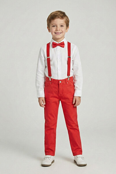 FATELLA Boy's White Long Sleeve Shirt Red Pants Red Suspender Bow Tie Set Apr...