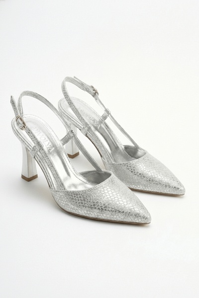 DURUNUN BUTİĞİ Sarim Silver Sequin Patterned Open Sided (9 cm Heel) Pointed T...