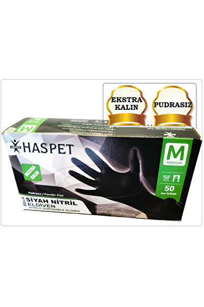 Has-Pet HASPET SİYAH NİTRİL ELDİVEN EXTRA KALIN (M) PUDRASIZ (50 ADET)