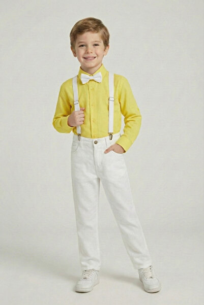 FATELLA Erkek Çocuk Sarı Uzun Kollu Gömlek Beyaz Pantolon Beyaz Askı Papyon T...