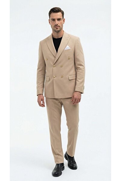 Plus Scorpion Men's Double-Breasted Gold Button Textured Stretch Fabric Fabri...