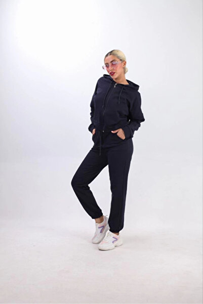 Vogue iki iplik Kapüşonlu Fermuarlı Crop Oversize Hırka Takım- Lacivert