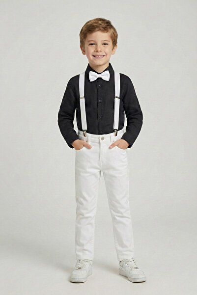 FATELLA Boy's Black Long Sleeve Shirt White Pants White Suspender Bow Tie Set...