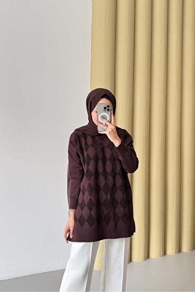 Rimel Moda Simli Merserize Tunik Kahverengi
