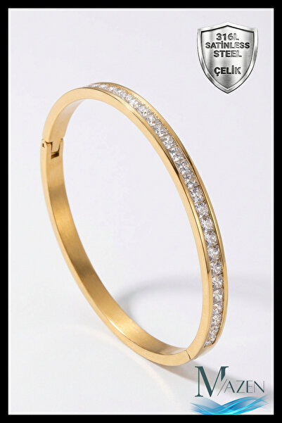 MAZEN Gold Renk Gömme Sıralı Taşlı 316L Çelik Kelepçe Bileklik | Kararma Yapm...