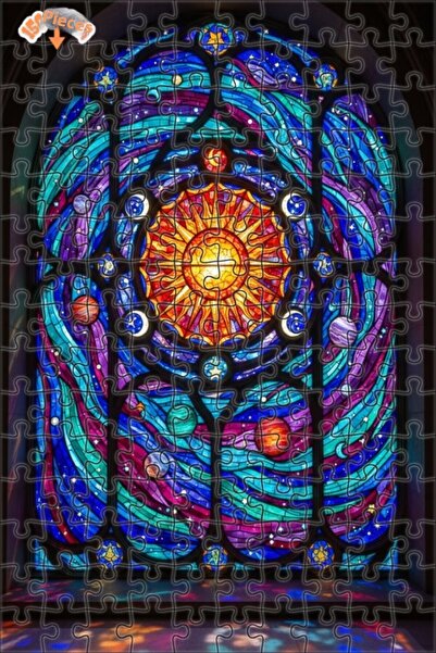 Teona Ahşap ألغاز خشبية ذات إطار مزدوج من الزجاج الملون بتصميم شمس وكواكب ونو...