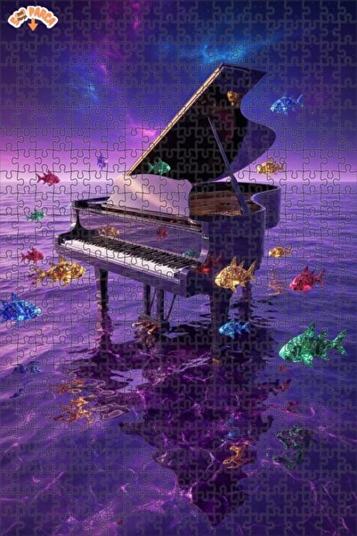 Teona Ahşap Mystical Piano Fish Symphony Oil Painting Look Double Layer Frame...