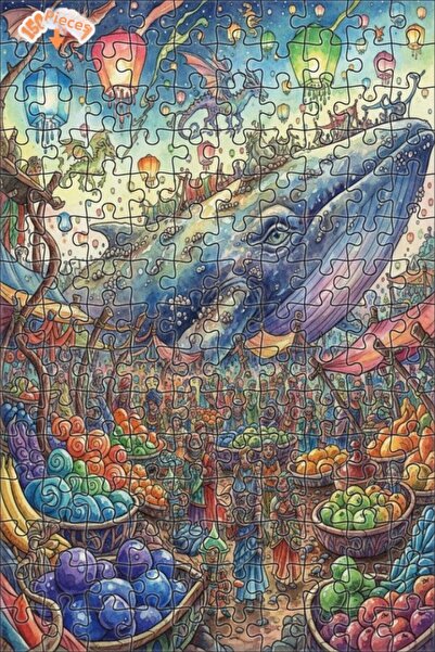 Teona Ahşap Fairytale Dragon Whale Market Watercolor Look Double Layer Framed...