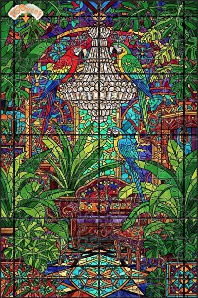 Teona Ahşap Colorful Tropical Birds Stained Glass Art Double Layer Framed Woo...