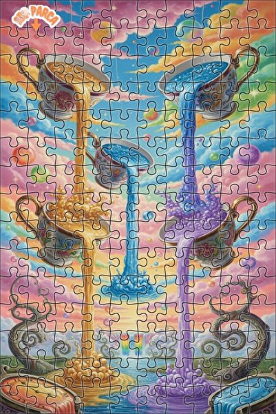 Teona Ahşap Magic Tea Cups Oil Painting Look Double-Decker Framed Wooden Puzz...