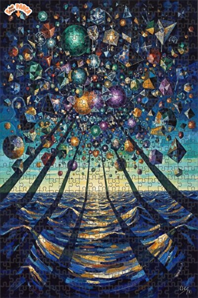 Teona Ahşap Abstract Geometry Sea Oil Painting Look Double Layer Framed Woode...