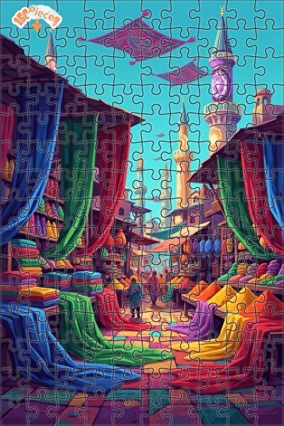 Teona Ahşap Flying Carpet Market Oil Painting Look Double Layer Framed Wooden...