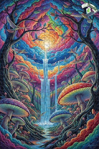 Teona Ahşap لغز خشبي ملون على شكل غابة الفطر الساحرة مع طيور وشلال، ذو طبقتين...