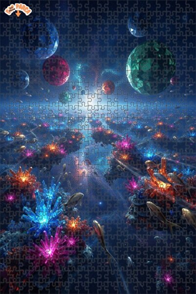 Teona Ahşap Space Reef Crystal Fishes Double Layer Framed Wooden Puzzle 500 P...