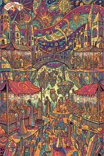 Teona Ahşap Fantastic Marketplace Oil Painting Look Double Layer Framed Woode...