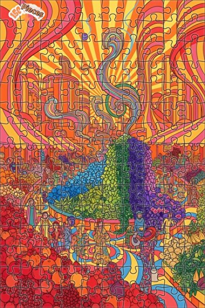 Teona Ahşap Psychedelic Marketplace Colorful Maze Double Layered Framed Woode...