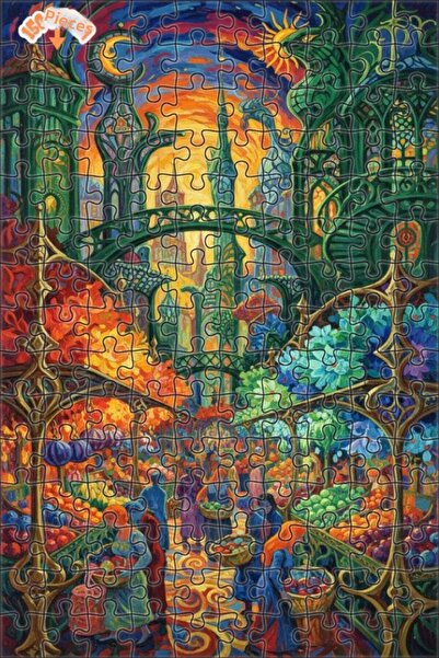 Teona Ahşap Fantastic Marketplace Oil Painting Look Double Layer Framed Woode...