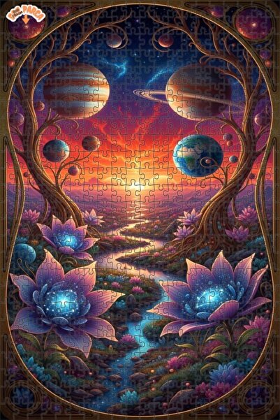 Teona Ahşap Galactic Garden Watercolor Look Art Puzzle Double Layer Framed Wo...