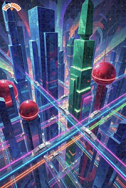 Teona Ahşap لغز خشبي مؤطر ذو طابقين مستقبلي بتصميم أضواء المدينة 1000 قطعة 70x50