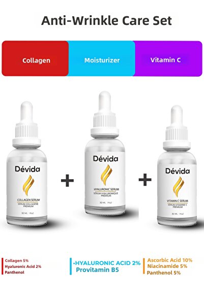 Devida مجموعة الكولاجين + المرطب + مصل فيتامين سي مكونة من 3 قطع لخطوط الوجه ...