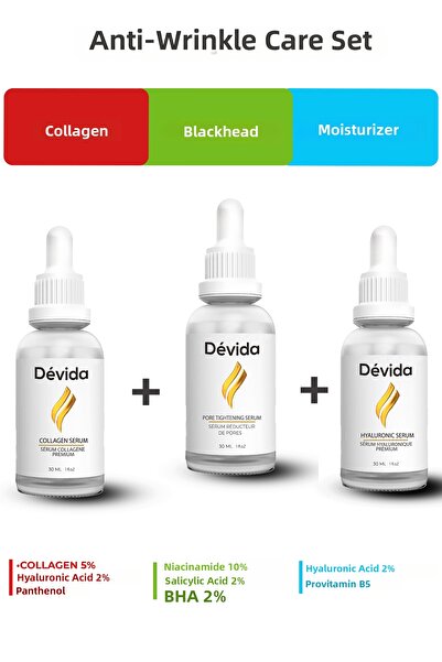 Devida مجموعة من 3 عبوات من الكولاجين + سيروم ترطيب المسام + سيروم ترطيب البش...