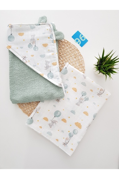 artıbebe Tavşanlı Baby Bath Towel Set |   Muslin Blanket + Hooded Cotton Towe...