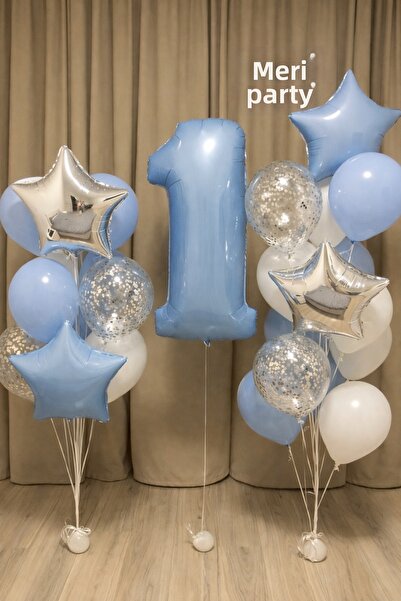 MERİ PARTİ Σετ μπαλονιών Soft Blue για 1 έτος – Μπουκέτο με αλουμινόχαρτα και...