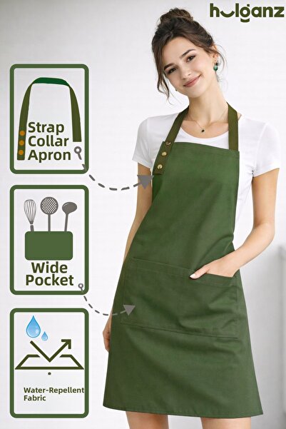 Hulganz Kitchen Apron Stain Resistant Water Repellent Fabric Khaki Green Apro...