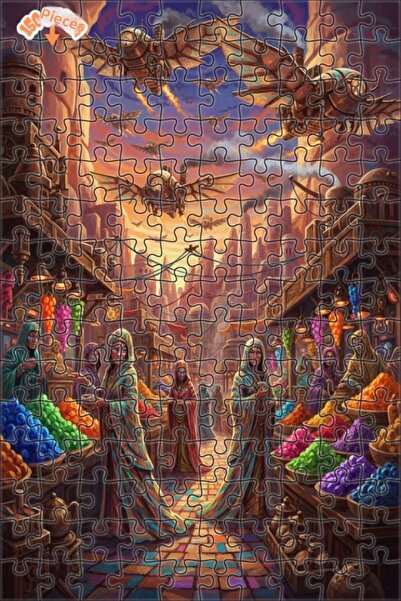 Teona Ahşap Steampunk Bazaar Oil Painting Look Double-Layer Framed Wooden Puz...