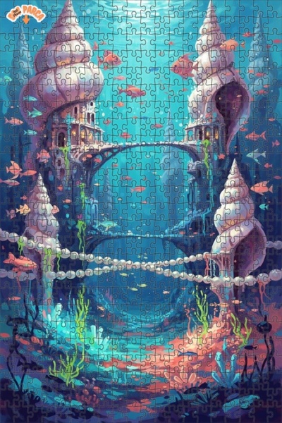 Teona Ahşap Submarine City Tale Watercolor Look Double Layer Framed Wooden Pu...