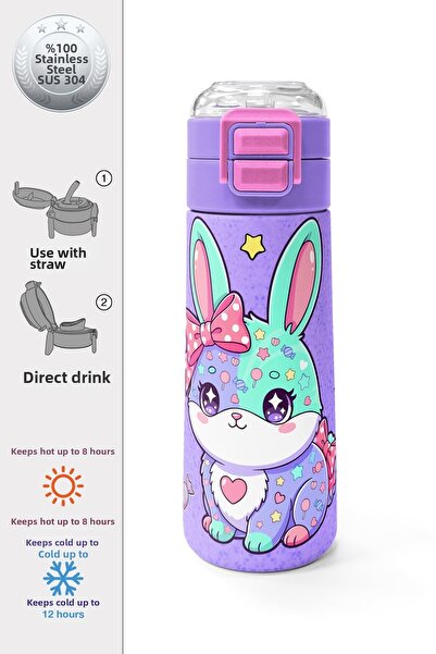 Coral High Kids Milka Water Green Rabbit Patterned Thermos with Straw and Dir...