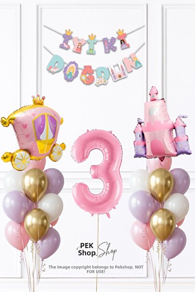 PEKSHOP Princess Concept 3 Year Old Birthday Balloon Chain Set with Banner an...