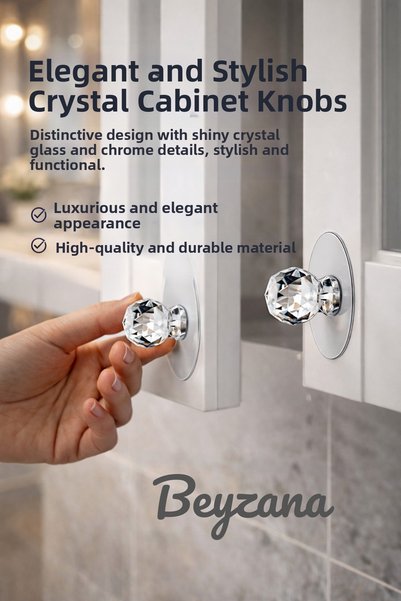 BEYZANA 4-Piece Crystal Knob - Adhesive Drawer and Handle Hanger Organizer