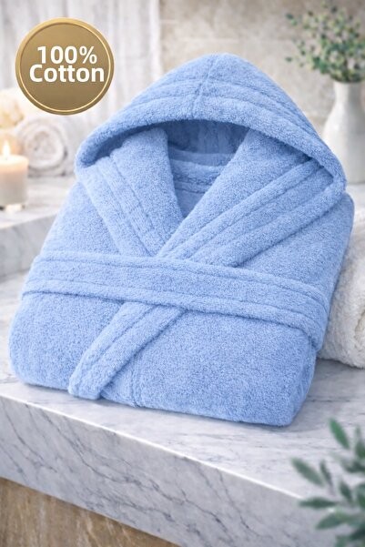 İQON 100% Cotton Unisex Bathrobe Claret Red Plain Blue