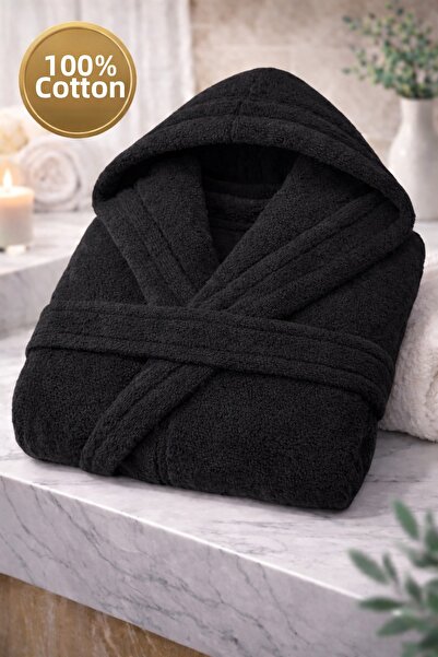 İQON 100% Cotton Unisex Bathrobe Plain Black