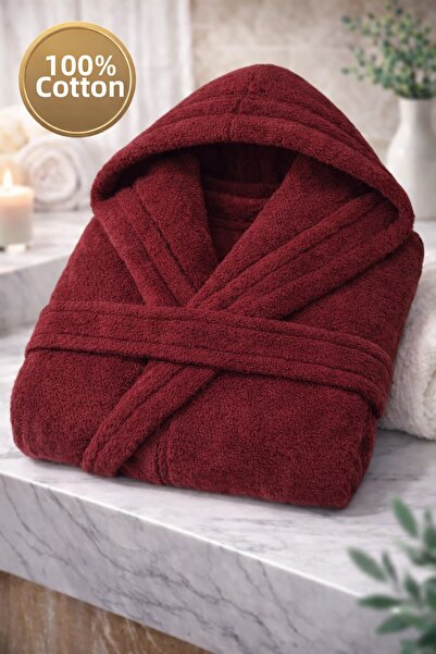 İQON 100% Cotton Unisex Bathrobe Plain Claret Red