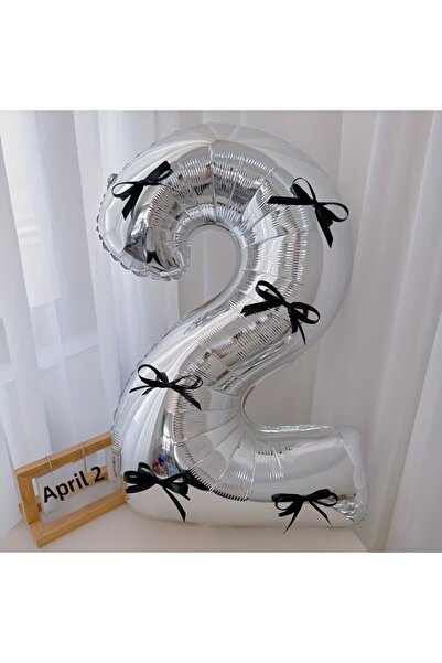 PartyPoo بالون فويل فضي اللون على شكل رقم 1 مقاس 100 سم مع فيونكة سوداء - ديك...