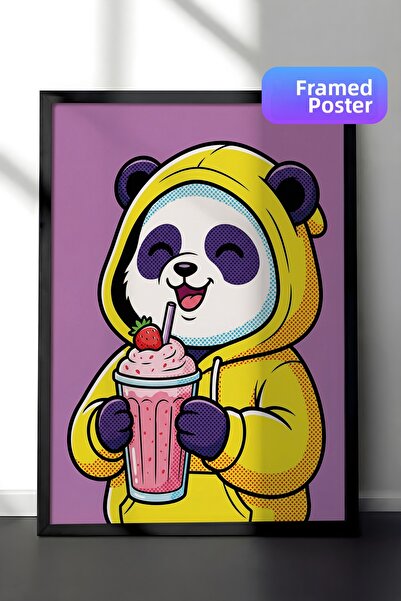 Zestia Pictură de perete înrămată în negru Panda cu glugă galbenă Milkshake c...