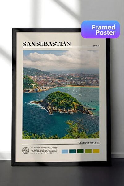 Zestia Pictură murală înrămată în negru, peisaj cu golful San Sebastian și in...