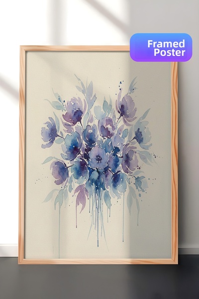 Zestia Ζωγραφική τοίχου με ξύλινο πλαίσιο με μελάνι που ρέει, μπλε μωβ ακουαρ...