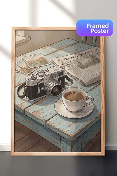 Zestia Tablou de perete cu ramă din lemn, aparat foto vintage și pauză de caf...