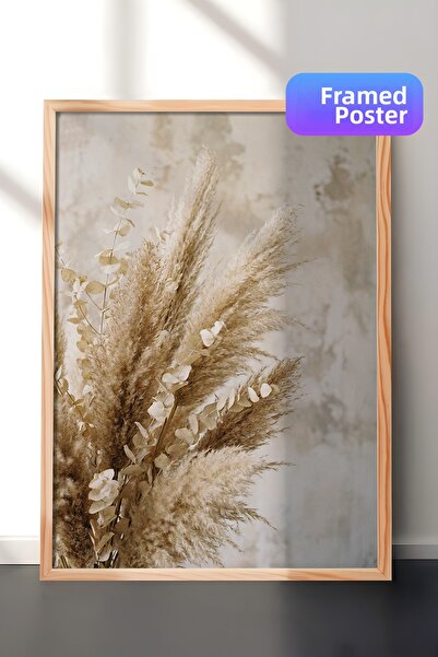 Zestia Tablou de perete cu ramă din lemn, iarbă de pampas bej și eucalipt, co...
