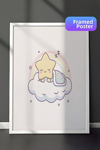 Zestia Pictură murală înrămată în alb cu stea dormind pe nor și curcubeu past...